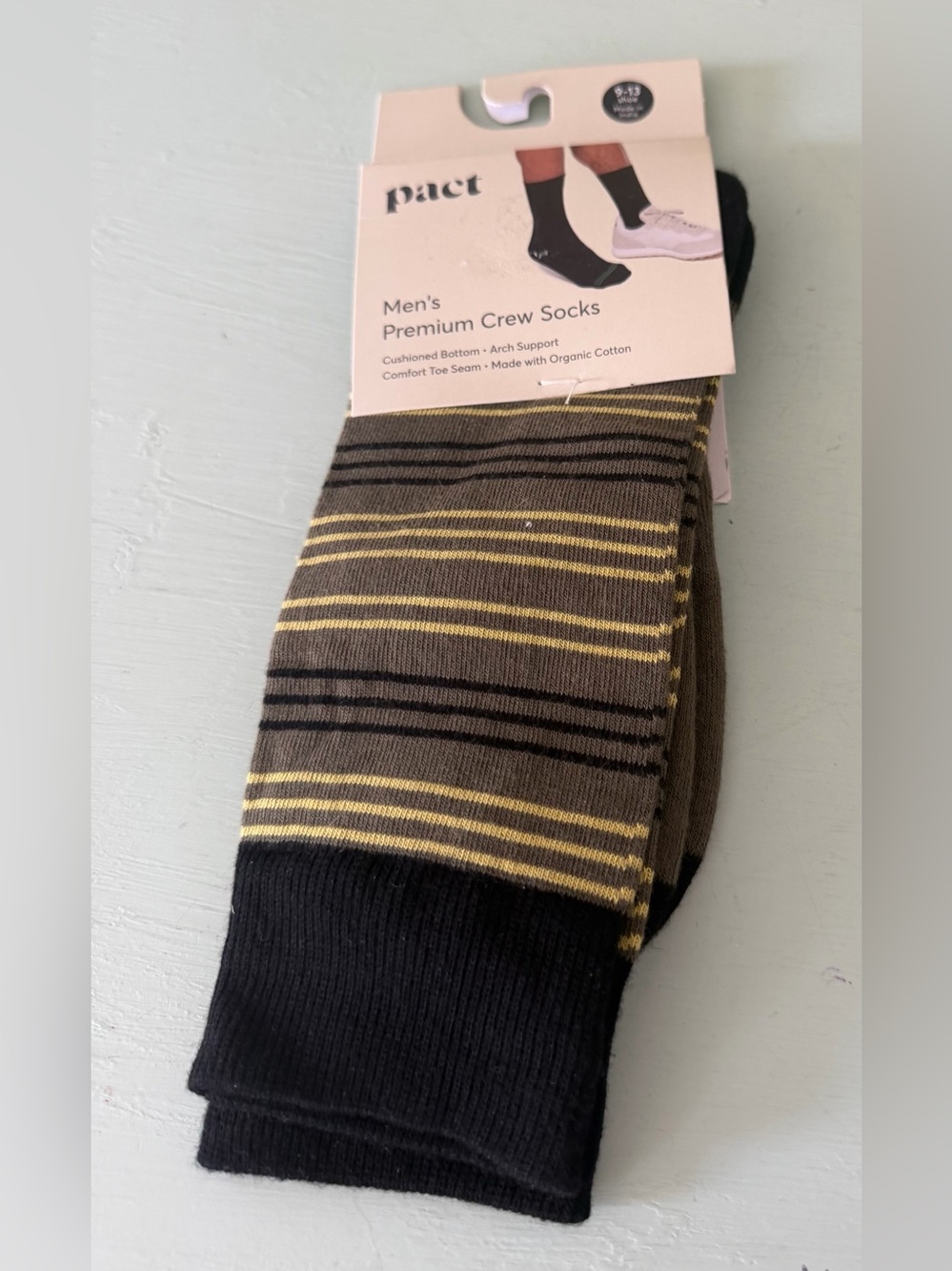 Pact Men’s Premium Crew Socks Stripe Organic Cotton Shoe Size 9-13 NWT
